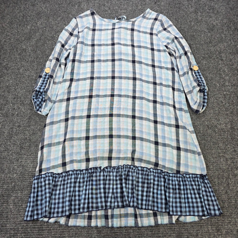 Veveret Plaid Gingham Shift Dress Size S Blue White Ruffle Hem Made in USA
